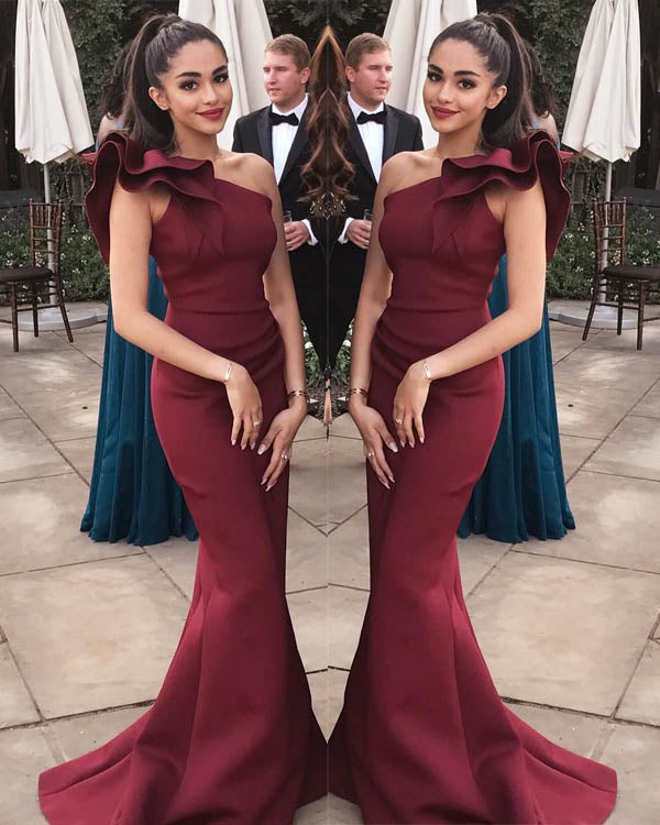 2018 Elegant Burgundy Prom Dresses Mermaid One Shoulder Flounced Sexy angelaweddings 2018 Elegant Burgundy Prom Dresses Mermaid One Shoulder Flounced Sexy angelaweddings