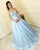Light Sky Blue Satin Ball Gown Prom Dresses with Lace Beaded Sweetheart Long Prom Gowns