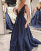 Sexy Deep V-Neck Taffeta Prom Dresses Navy Blue 2018 Backless Long Prom Gowns for Party