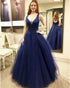 Popular Navy Blue Prom Dresses with V Neck Tulle Ruffles Modest Long Prom Party Gowns 2020