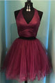 Simple 2018 Burgundy Tulle Satin Two Pieces Prom Homecoming Dresses Halter