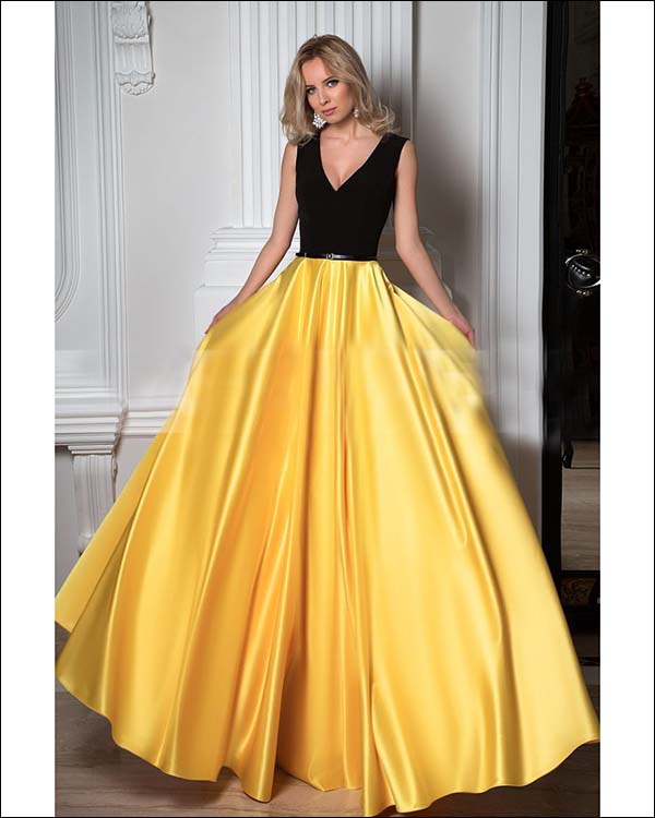 Elegant Black Yellow Satin Prom Dresses with V Neckline Modest Long Pr angelaweddings Elegant Black Yellow Satin Prom Dresses with V Neckline Modest Long Pr angelaweddings