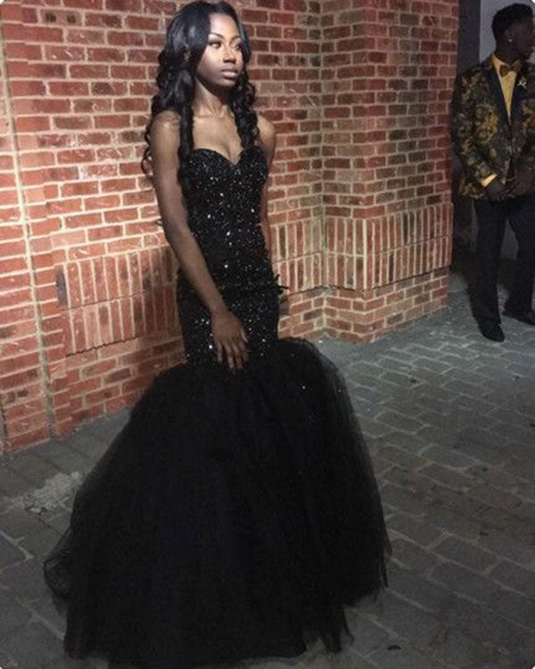 Sexy Strapless Black Mermaid Evening Dresses Beaded Sequins 2018 Tulle Prom Gowns Party Dresses Sexy Strapless Black Mermaid Evening Dresses Beaded Sequins 2018 Tulle Prom Gowns Party Dresses
