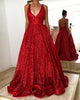 Sexy Dark Red Evening Dresses with V-Neckline Sparkly Sequined A line Formal Evening Gowns Backless