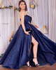 Popular 2018 Navy Blue Satin Prom Dresses Strapless A-line Long Prom Gowns Split Side