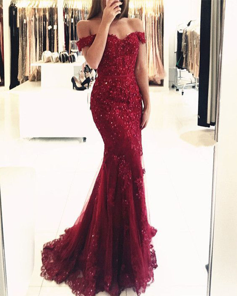 Sexy Burgundy Lace Mermaid Prom Dresses 2020 Floor Length Sexy Burgundy Lace Mermaid Prom Dresses 2020 Floor Length