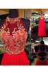 Sexy See Through Prom Dresses Beaded Red Chiffon A line Evening Gown