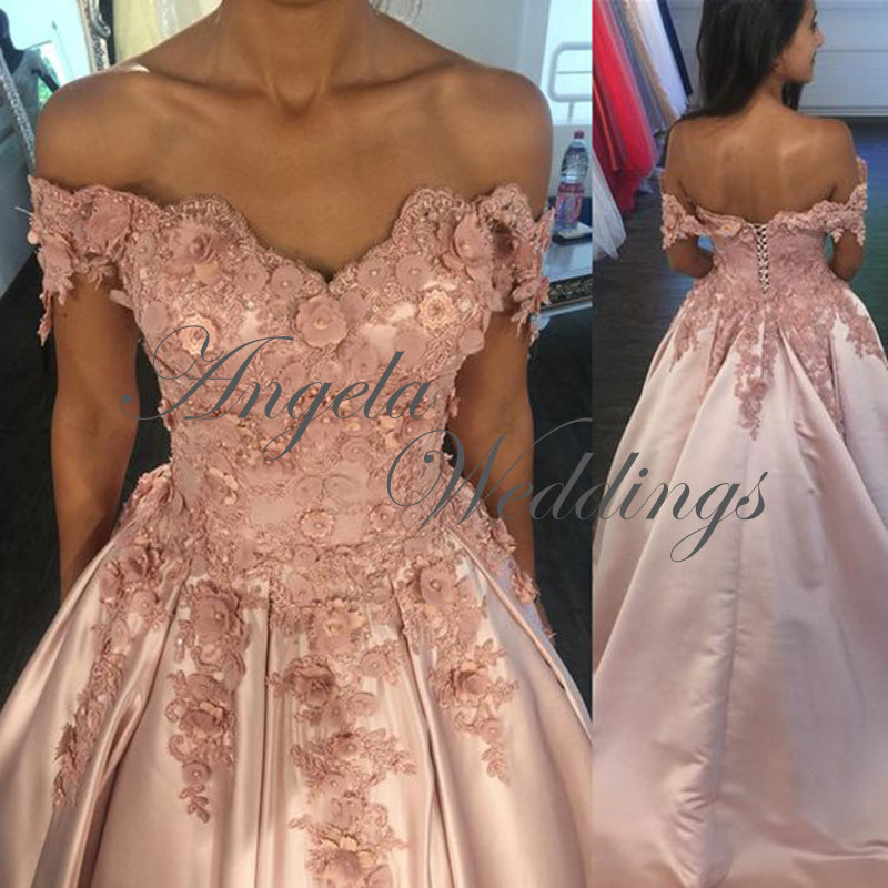 Delicate Satin Ball Gown Prom Dresses with Flowers 2020 angelaweddings Delicate Satin Ball Gown Prom Dresses with Flowers 2020 angelaweddings
