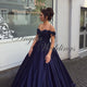 Navy Blue Satin Lace Ball Gown Prom Dresses with Flowers 2020 Collections