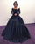 2020 Navy Blue Lace Full Sleeve Ball Gown Prom Dresses with Flowers