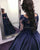 2020 Navy Blue Lace Full Sleeve Ball Gown Prom Dresses with Flowers