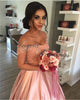 Pink Satin Prom Dresses Lace Appliqued A line Prom Gowns 2018