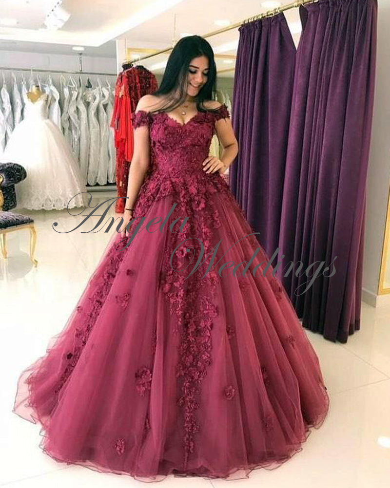 Burgundy Prom Dresses 2018 Tulle Lace Prom Gowns with Flowers – angelaweddings