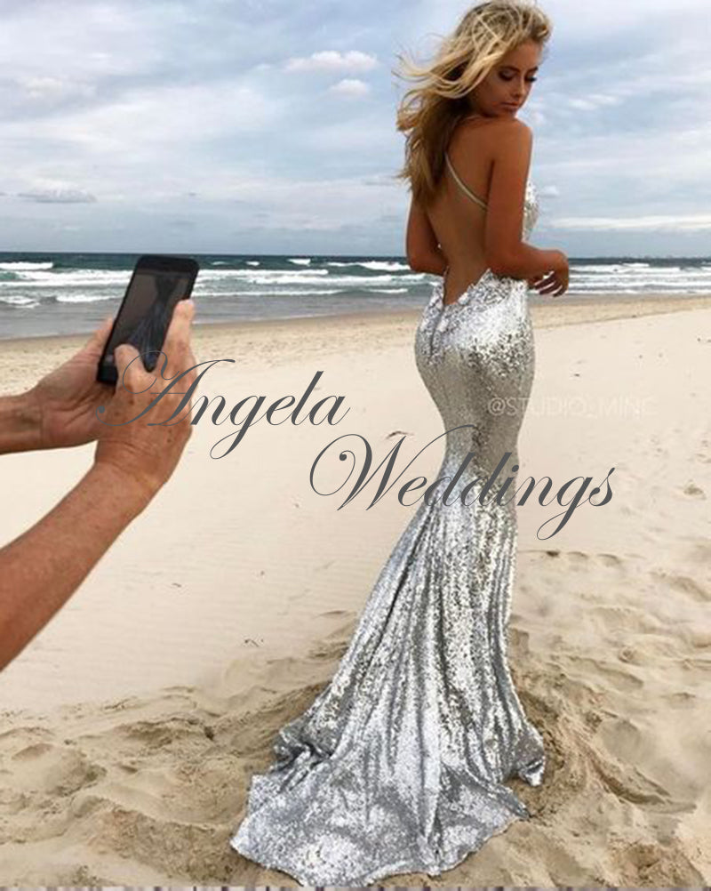 Silver Bling Bling Mermaid Prom Dresses Backless Beach Dress Silver Bling Bling Mermaid Prom Dresses Backless Beach Dress