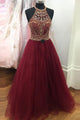 2018 Dark Wine Prom Dresses with Gold Beadings Long Tulle Party Gowns with Halter