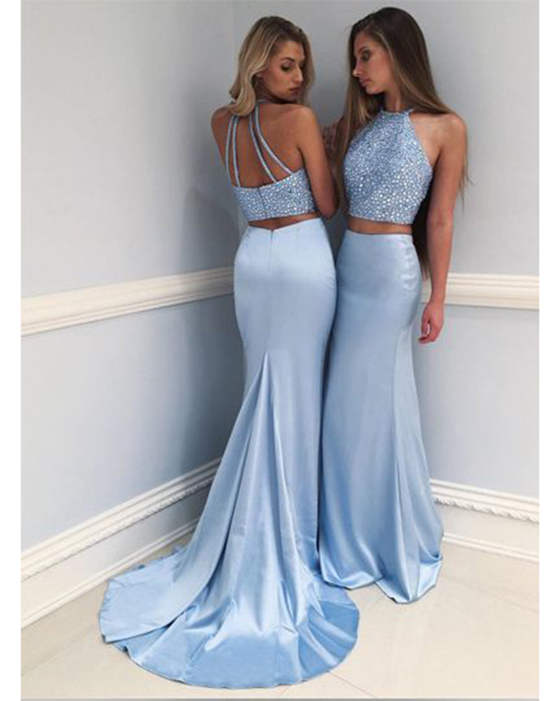 2 piece prom dresses light blue Light Blue 2 Piece Prom Dresses Off the Shoulder Flower Long Evening Gowns Pink / US16