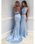 Light Blue Mermaid Prom Dresses with Halter Beaded Two Piece Prom Party Gowns 2018