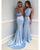 2018 Light Blue Mermaid Prom Dresses Halter Beaded Elastic Satin Two Piece Prom Party Gowns