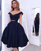 Elegant Navy Blue Two Pieces Prom Dresses Satin Ruffles Tea Length Party Gowns 2018
