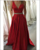 Backless Red Elastic Satin Long Prom Dresses Beaded Sexy V-Neck Pageant Gowns