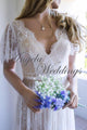 Boho Chic Lace Wedding Dresses with Short Sleeves Beach Wedding Gowns