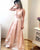 Pink Satin Prom Dresses with White Lace Appliques Long Pageant Gowns V-Neckline