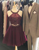 Dark Red Short Prom Gowns with Halter Short Two Pieces Prom Homecoming Dress