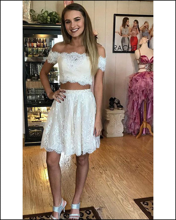 Sexy Two Piece Lace Prom Dresses Cap Sleeves Short Graduation Dress Off The Shoulder Sexy Two Piece Lace Prom Dresses Cap Sleeves Short Graduation Dress Off The Shoulder