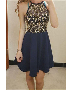 Sexy See Through Halter Neckline Short Prom Dresses Gold Beadings Navy Blue Party Gown