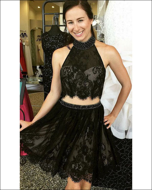Sexy Short Black Two Piece Prom Dresses Halter Beaded Lace Graduation Party Gowns Sexy Short Black Two Piece Prom Dresses Halter Beaded Lace Graduation Party Gowns