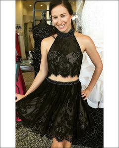 Sexy Short Black Two Piece Prom Dresses Halter Beaded Lace Graduation Party Gowns