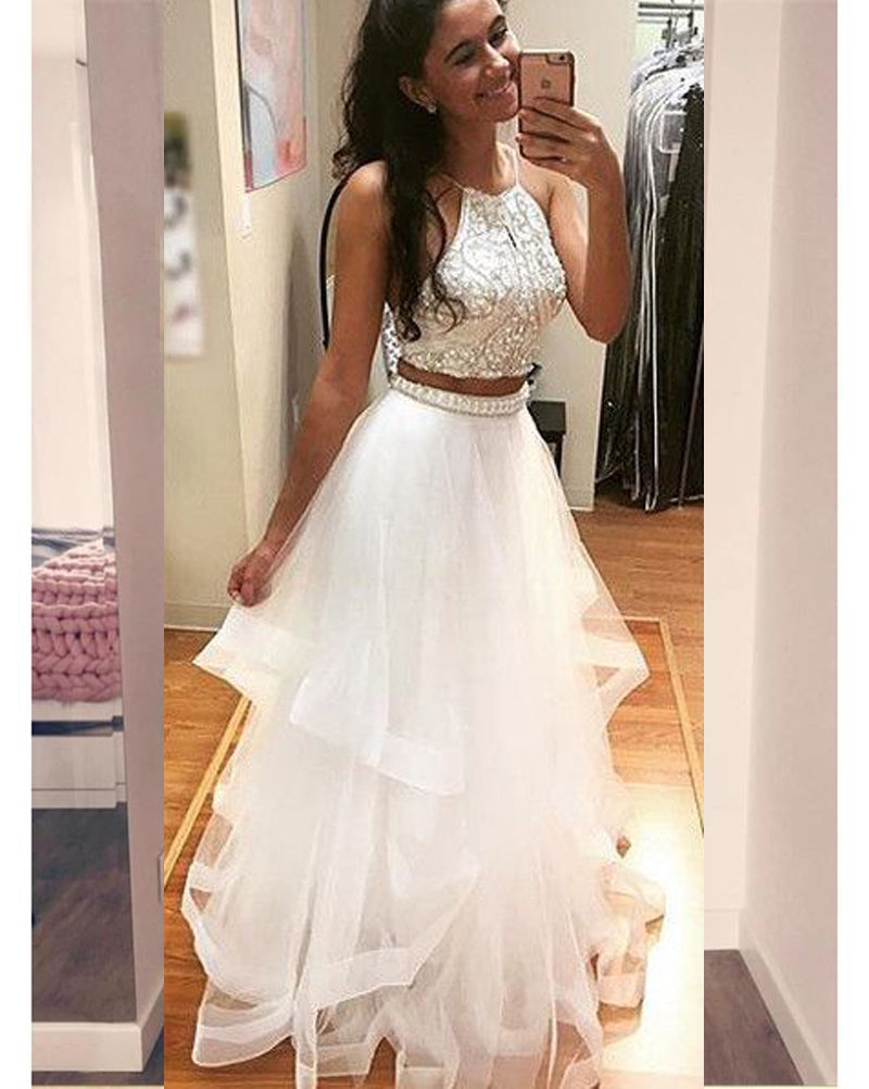 Gorgeous Ivory Prom Dresses with Beadings Pearls Tulle Ruffles Two Piece Prom Gowns 2018 Gorgeous Ivory Prom Dresses with Beadings Pearls Tulle Ruffles Two Piece Prom Gowns 2018