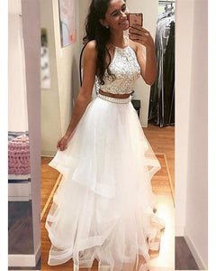 Gorgeous Ivory Prom Dresses with Beadings Pearls Tulle Ruffles Two Piece Prom Gowns 2018