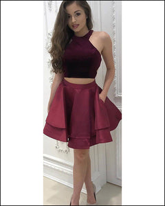 Fashion Burgundy Velvet Homecoming Dresses Two Pieces Short Prom Gowns Ruffles