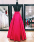 Elegant A line Red Evening Dresses with Black Beadings Satin Long Formal Party Gowns 2018