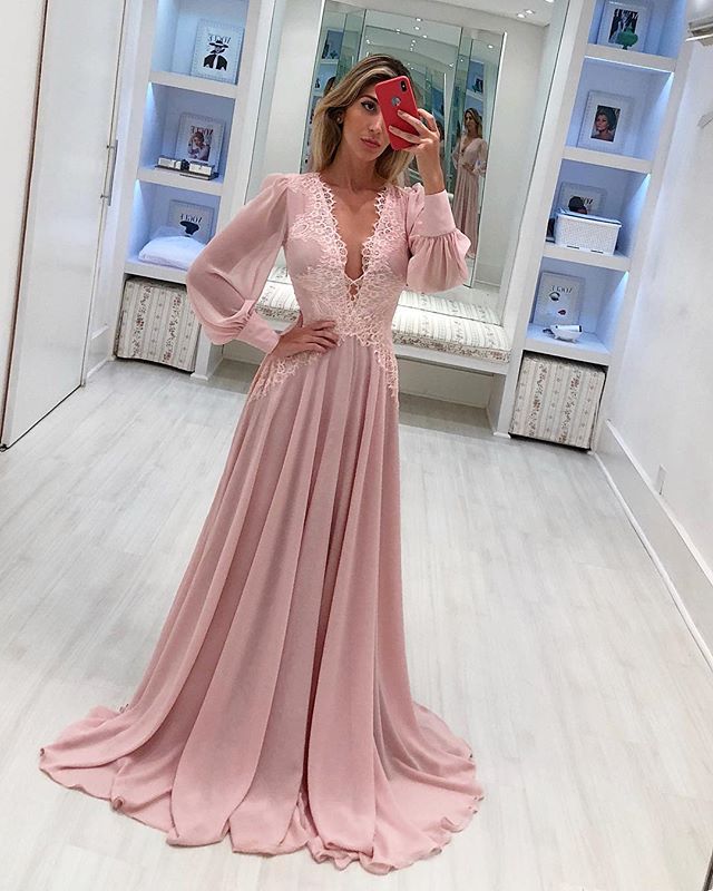 Blush Pink Chiffon Elegant Evening Dresses with Long Sleeve Lace Forma angelaweddings Blush Pink Chiffon Elegant Evening Dresses with Long Sleeve Lace Forma angelaweddings