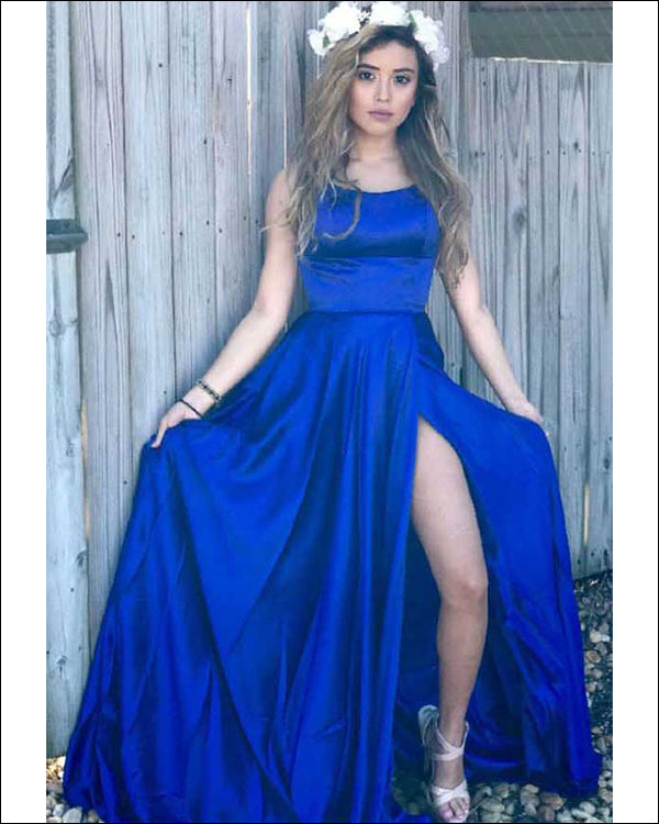 Simple Dark Royal Blue Prom Dresses 2018 Split Side Criss-Cross Straps Sexy Long Party Gowns Simple Dark Royal Blue Prom Dresses 2018 Split Side Criss-Cross Straps Sexy Long Party Gowns