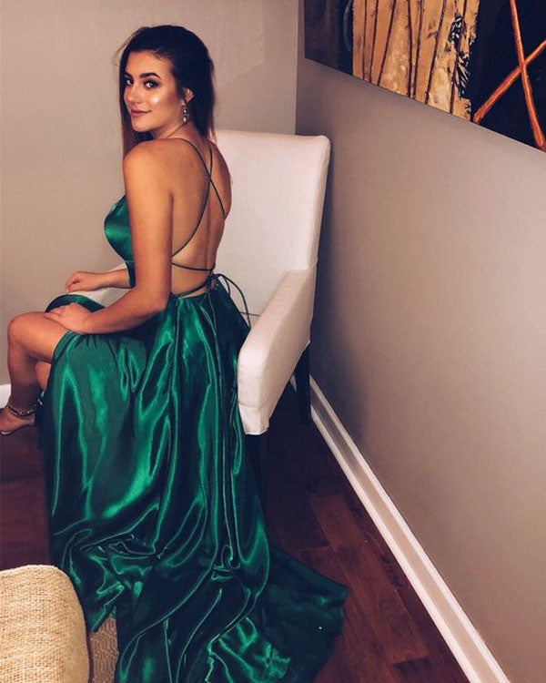 Sexy Dark Green Prom Dresses with Criss-Cross Straps Fashion Slit Evening Gowns 2018 Long Sexy Dark Green Prom Dresses with Criss-Cross Straps Fashion Slit Evening Gowns 2018 Long