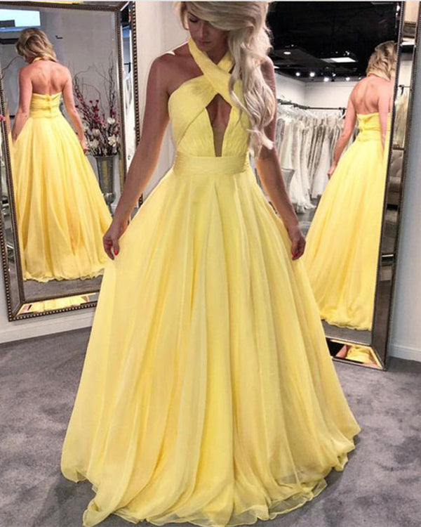 Beautiful Yellow Prom Dresses 2018 Ruch Ruffles Halter Chiffon Long Prom Gowns Backless Beautiful Yellow Prom Dresses 2018 Ruch Ruffles Halter Chiffon Long Prom Gowns Backless