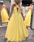 Beautiful Yellow Prom Dresses 2018 Ruch Ruffles Halter Chiffon Long Prom Gowns Backless