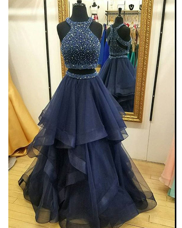 Navy Blue Two Piece Prom Dresses Beadings Rhinestones Long Tulle Ruffl – angelaweddings