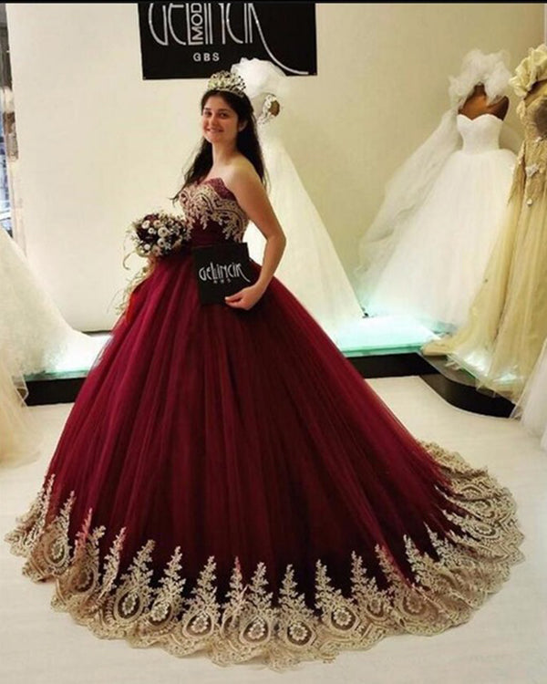 Burgundy Quinceanera Dresses with Gold Appliques Strapless Tulle Ball angelaweddings Burgundy Quinceanera Dresses with Gold Appliques Strapless Tulle Ball angelaweddings