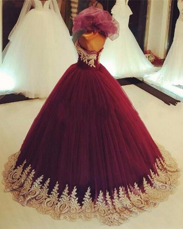 Burgundy Arabic Wedding Dresses Tulle With Gold Lace Appliques - 16 Burgundy Arabic Wedding Dresses Tulle With Gold Lace Appliques - 16