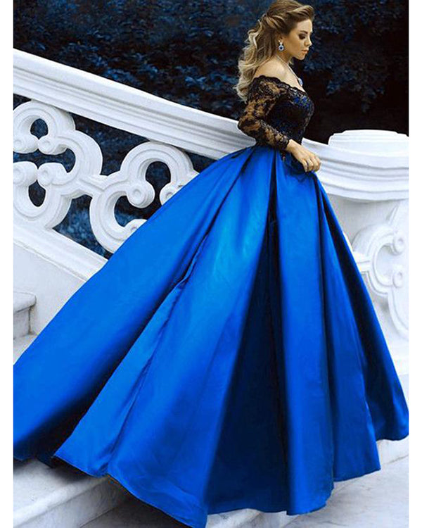 Long Sleeves Wedding Dresses Royal Blue Satin Black Lace Ball Gowns Bridal Dresses 2018 Long Sleeves Wedding Dresses Royal Blue Satin Black Lace Ball Gowns Bridal Dresses 2018