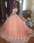 Fashion Quinceanera Dresses Off The Shoulder Coral Tulle White Lace Ball Gowns Sweet 16 Dress