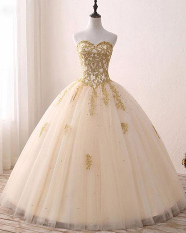 Popular Ivory Tulle Quinceanera Dresses with Gold Lace Strapless Ball Gown Sweet 16 Dresses Popular Ivory Tulle Quinceanera Dresses with Gold Lace Strapless Ball Gown Sweet 16 Dresses