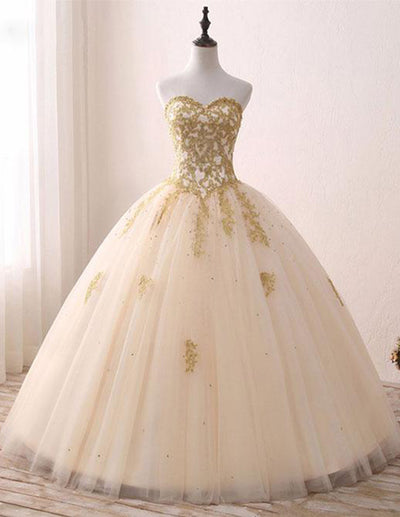 Popular Ivory Tulle Quinceanera Dresses with Gold Lace Strapless Ball Gown Sweet 16 Dresses Popular Ivory Tulle Quinceanera Dresses with Gold Lace Strapless Ball Gown Sweet 16 Dresses