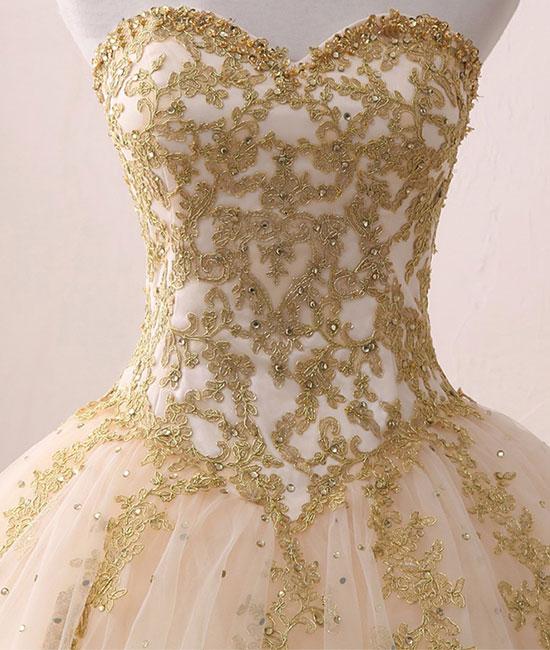 Popular Ivory Tulle Quinceanera Dresses with Gold Lace Strapless Ball angelaweddings Popular Ivory Tulle Quinceanera Dresses with Gold Lace Strapless Ball angelaweddings