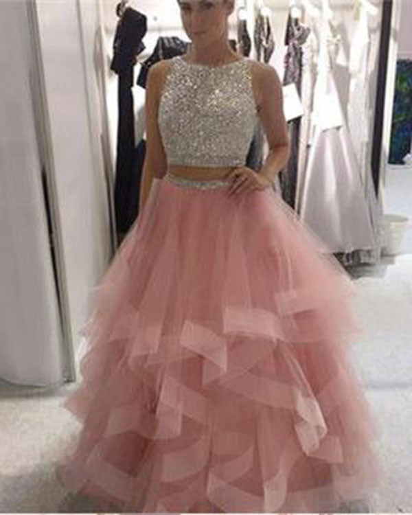 Pink Tulle Ruffles Two Piece Prom Dresses with Pearls Beadings Open Back Long Prom Gowns 2018 Pink Tulle Ruffles Two Piece Prom Dresses with Pearls Beadings Open Back Long Prom Gowns 2018