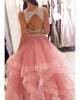 Pink Tulle Ruffles Two Piece Prom Dresses with Pearls Beadings Open Back Long Prom Gowns 2018